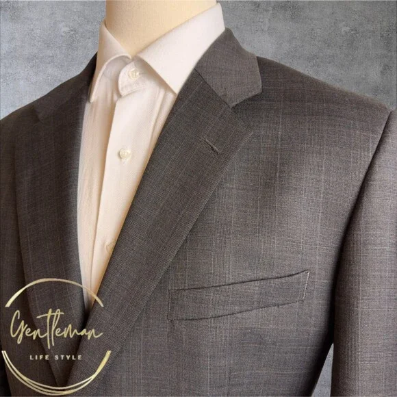 ALFANI Mens Blazer Sport Coat Two Button Jacket Plaid 46R WOOL Brown Suits